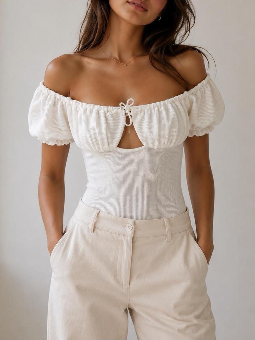 NWT Topshop White Textured Waffle Puff Sleeve Bodysuit – Size XS